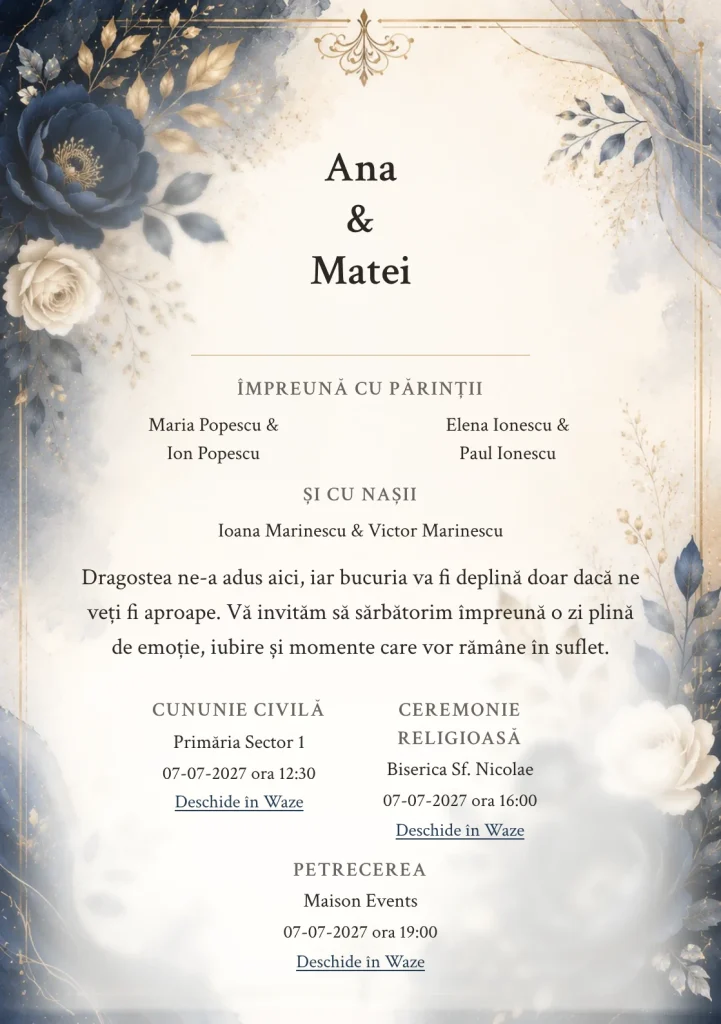 Fundalul Navy Elegance, pentru invitații de nuntă, se remarcă prin fond navy aerisit și accente de navy, ivory și auriu.