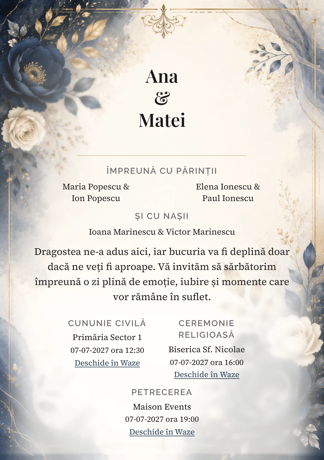 Invitație digitală de nuntă Navy Elegance, fundal navy elegantă, potrivit pentru pachetele Basic și Premium