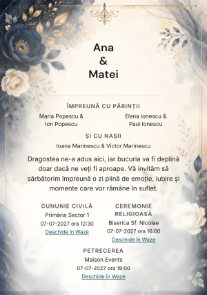 Invitație digitală de nuntă Navy Elegance, fundal navy elegantă, potrivit pentru pachetele Basic și Premium