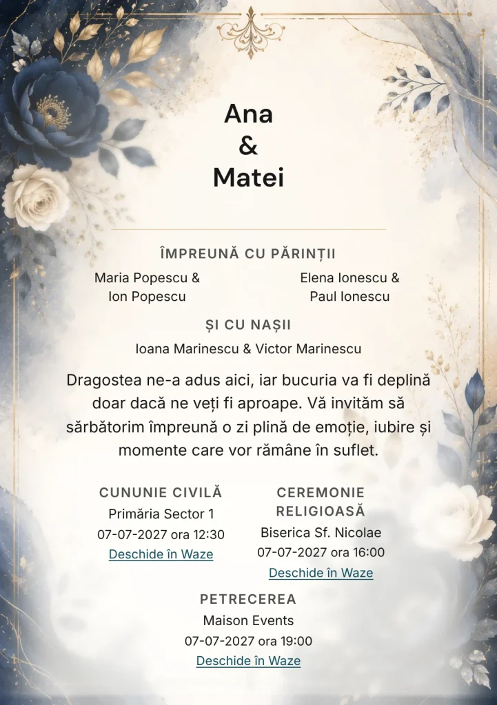 Fundalul Navy Elegance, pentru invitații de nuntă, se remarcă prin fond navy aerisit și accente de navy, ivory și auriu.