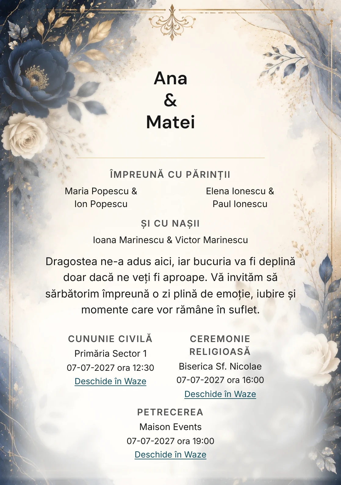 Invitație digitală de nuntă Navy Elegance, fundal navy elegantă, potrivit pentru pachetele Basic și Premium
