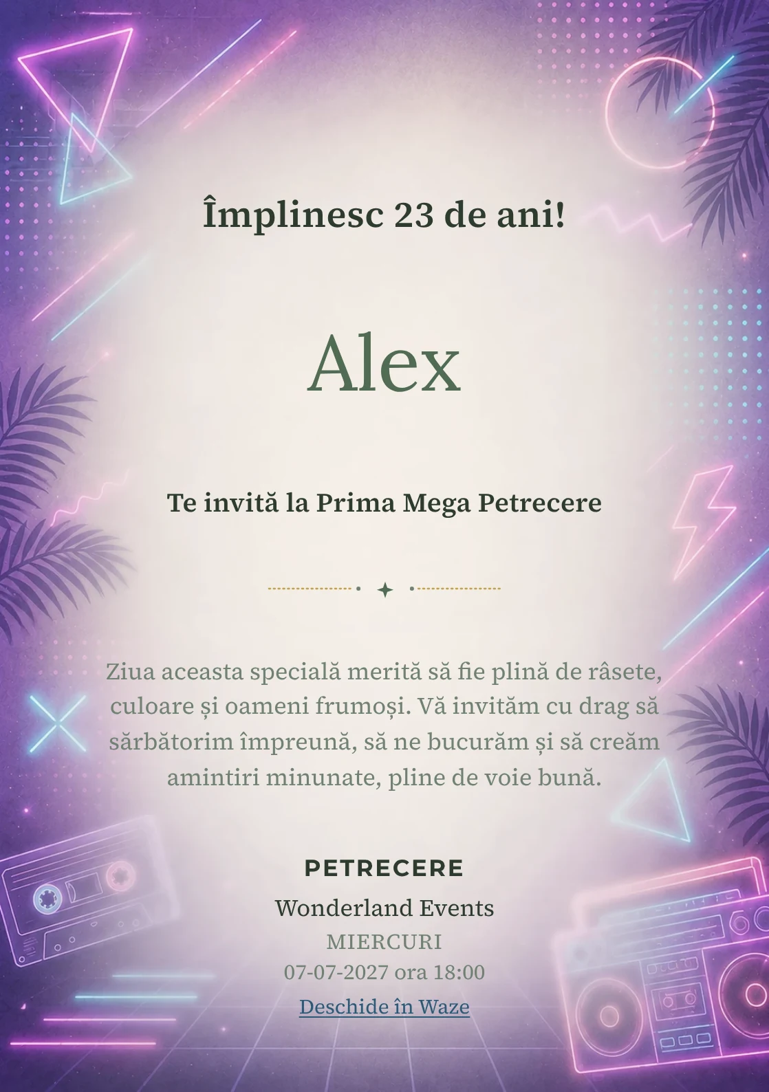 Invitație digitală aniversară Neon Retro, fundal premium cu neon soft, forme geometrice și atmosferă retro