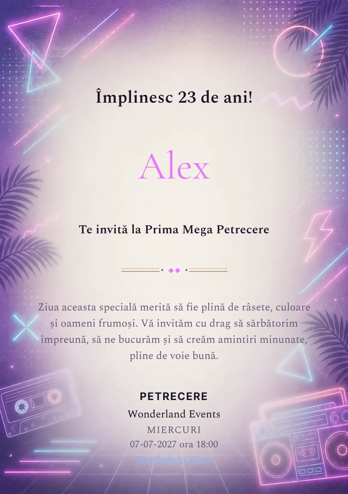 Invitație digitală aniversară Neon Retro, fundal premium cu neon soft, forme geometrice și atmosferă retro