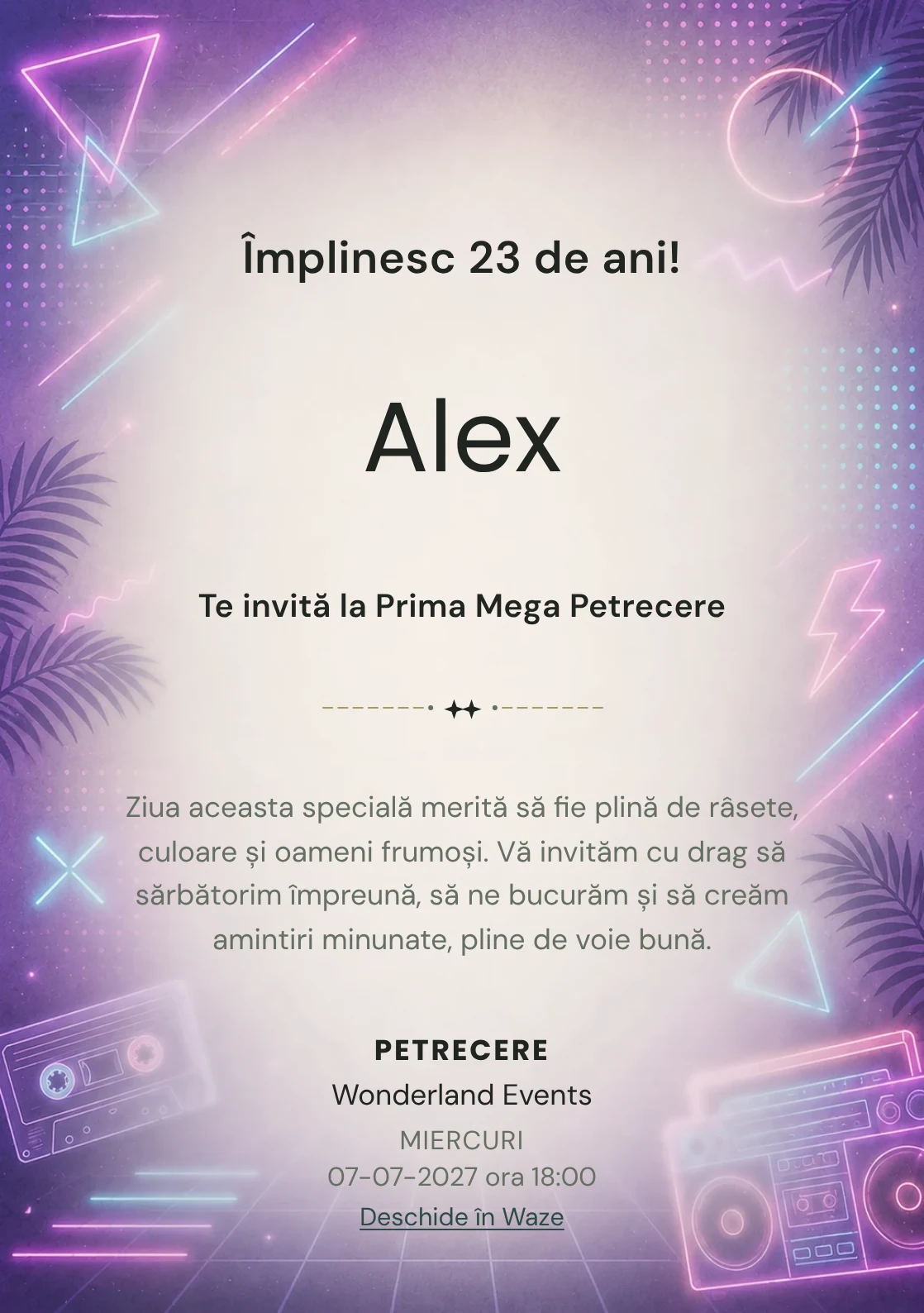 Invitație digitală aniversară Neon Retro, fundal premium cu neon soft, forme geometrice și atmosferă retro