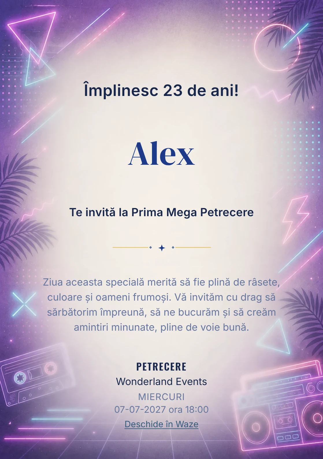 Invitație digitală aniversară Neon Retro, fundal premium cu neon soft, forme geometrice și atmosferă retro