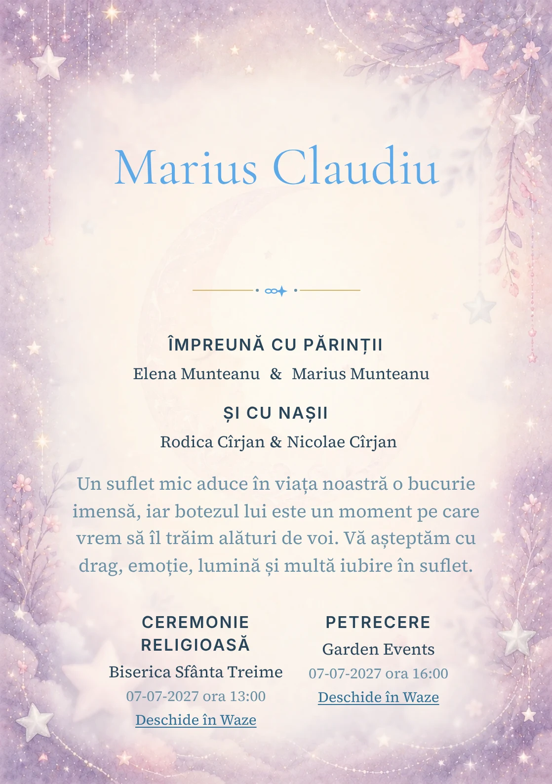 Invitație digitală de botez Noapte cu Stele, fundal cu stele mici, lună subtilă, violet pal, argintiu perlat și roz prăfuit și centru luminos pentru text