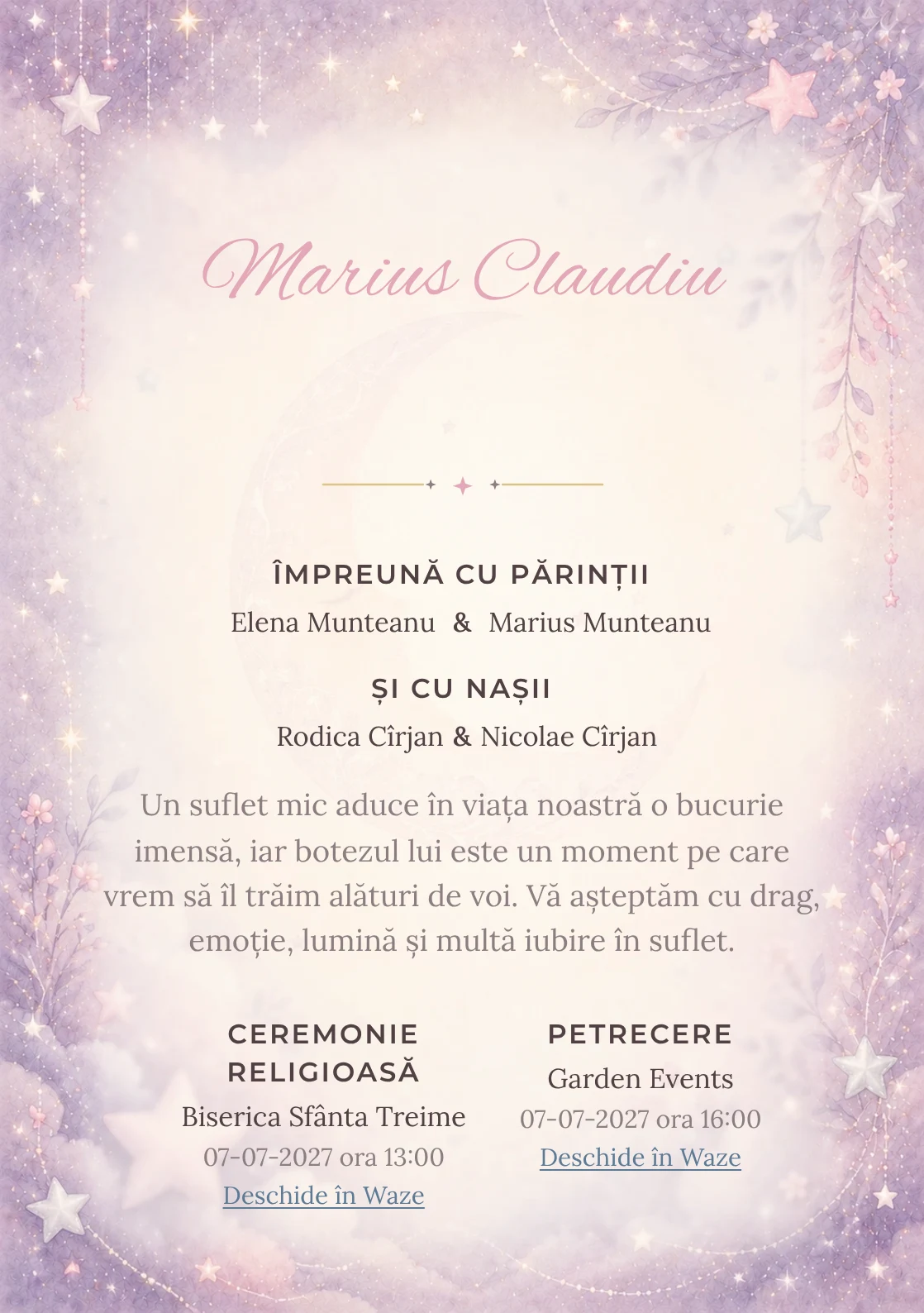 Invitație digitală de botez Noapte cu Stele, fundal cu stele mici, lună subtilă, violet pal, argintiu perlat și roz prăfuit și centru luminos pentru text