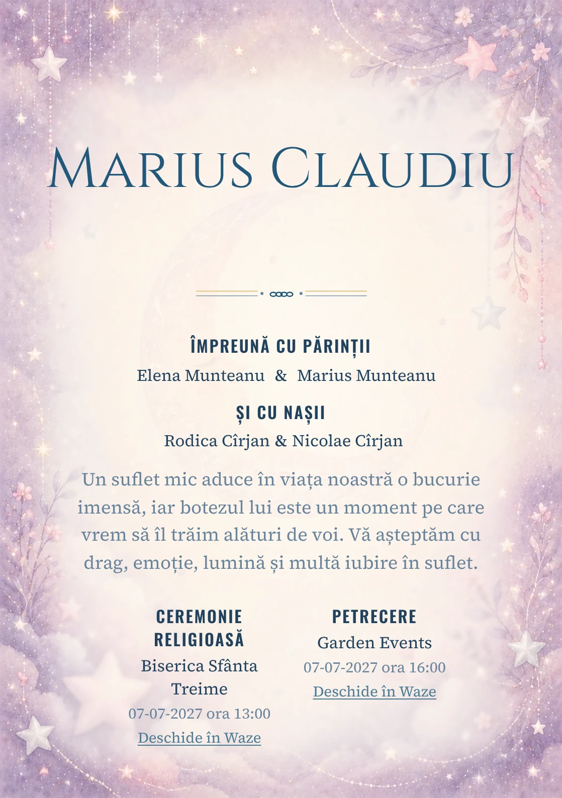 Invitație digitală de botez Noapte cu Stele, fundal cu stele mici, lună subtilă, violet pal, argintiu perlat și roz prăfuit și centru luminos pentru text