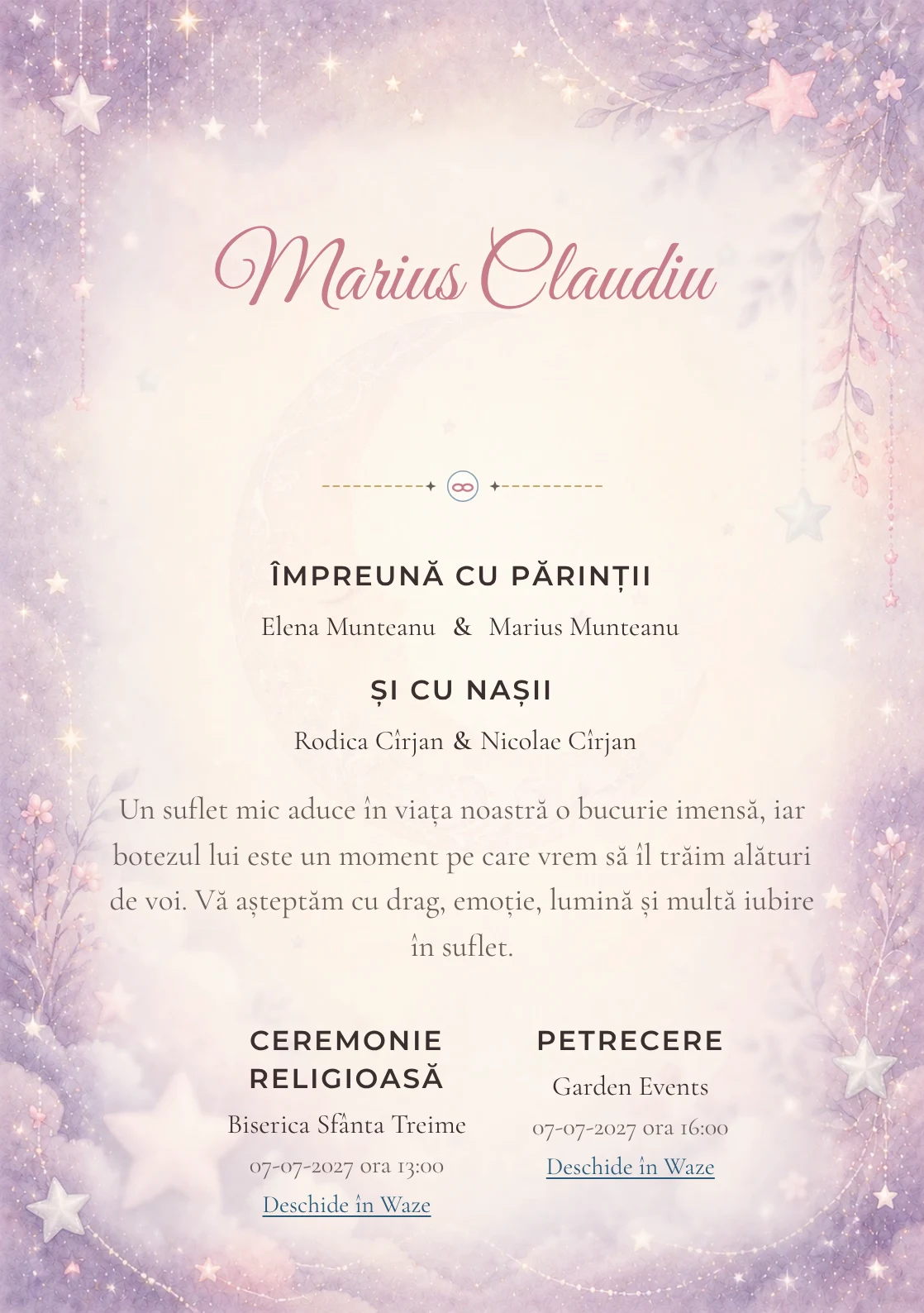Invitație digitală de botez Noapte cu Stele, fundal cu stele mici, lună subtilă, violet pal, argintiu perlat și roz prăfuit și centru luminos pentru text
