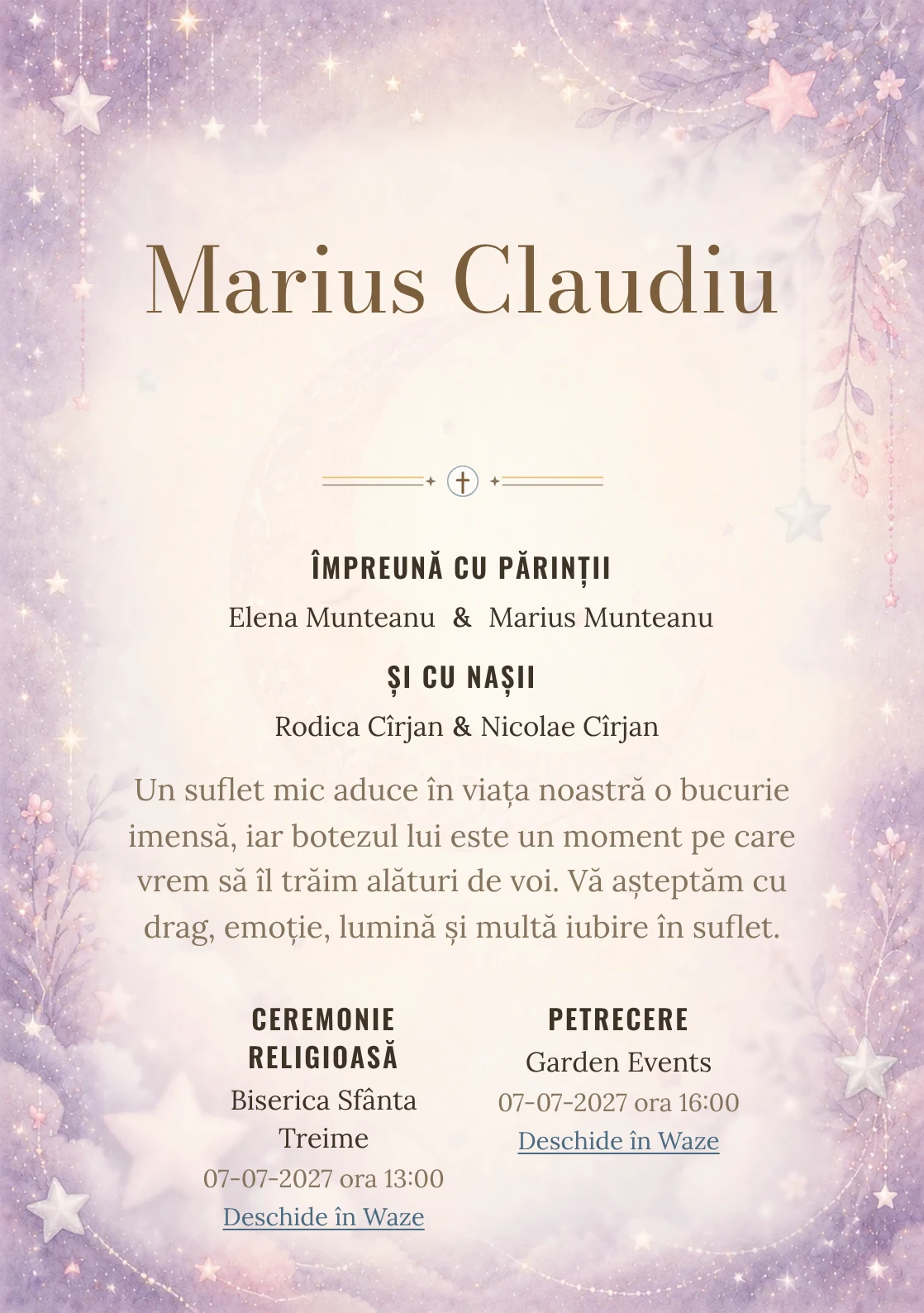 Invitație digitală de botez Noapte cu Stele, fundal cu stele mici, lună subtilă, violet pal, argintiu perlat și roz prăfuit și centru luminos pentru text