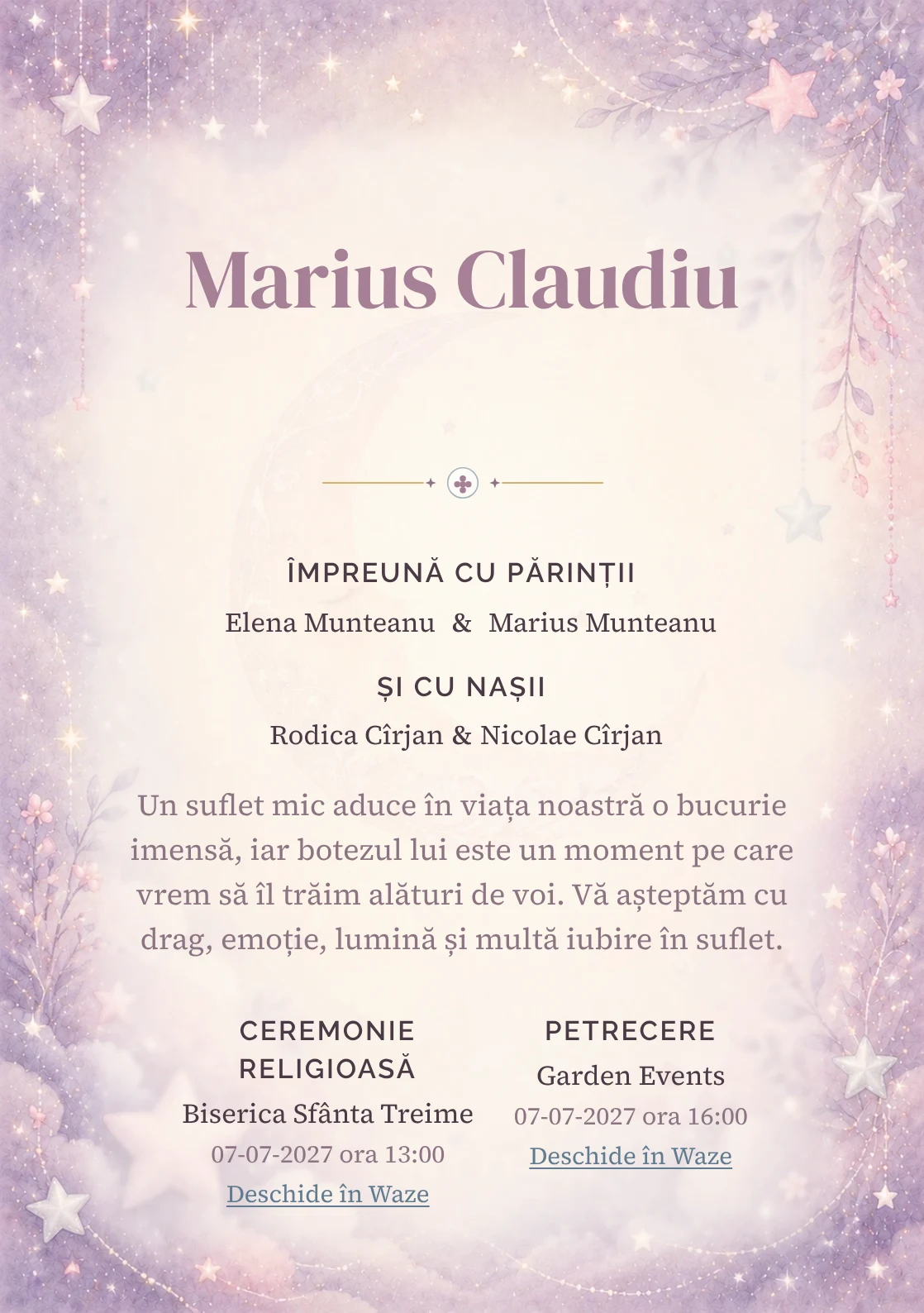 Invitație digitală de botez Noapte cu Stele, fundal cu stele mici, lună subtilă, violet pal, argintiu perlat și roz prăfuit și centru luminos pentru text