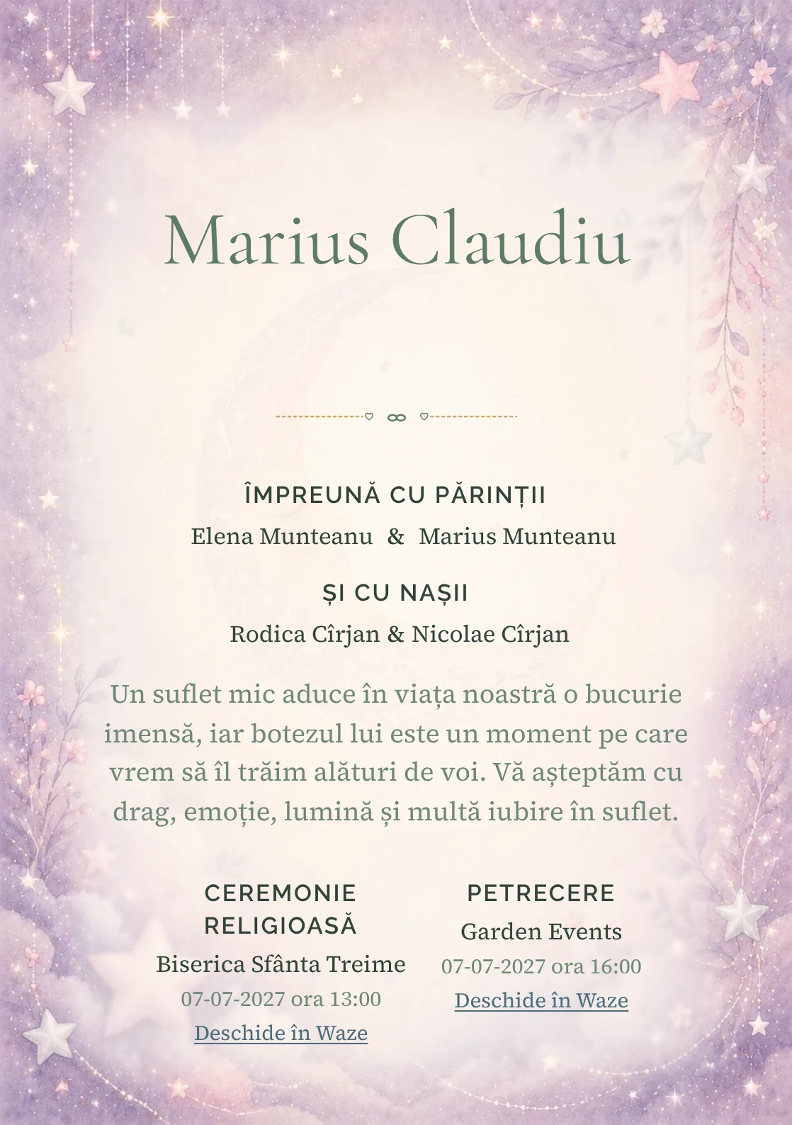 Invitație digitală de botez Noapte cu Stele, fundal cu stele mici, lună subtilă, violet pal, argintiu perlat și roz prăfuit și centru luminos pentru text