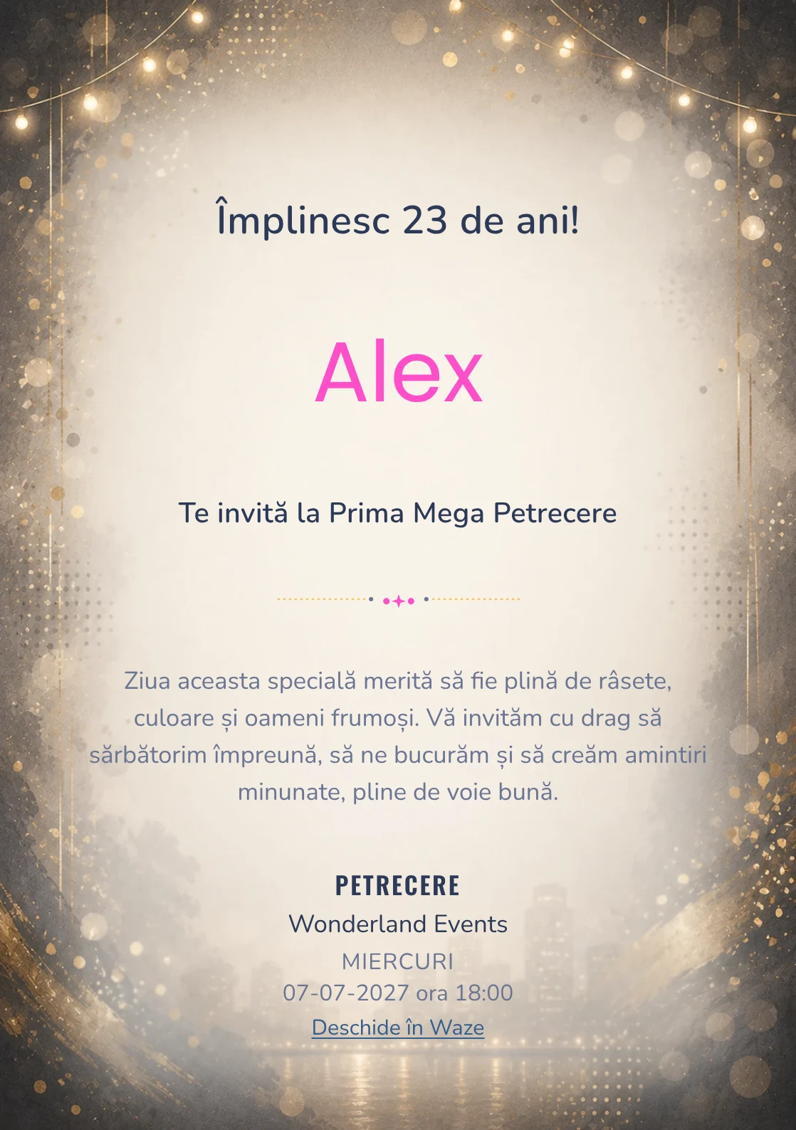 Invitație digitală aniversară Noapte Glam, fundal premium cu lumini de seară, paiete mate și aur vechi