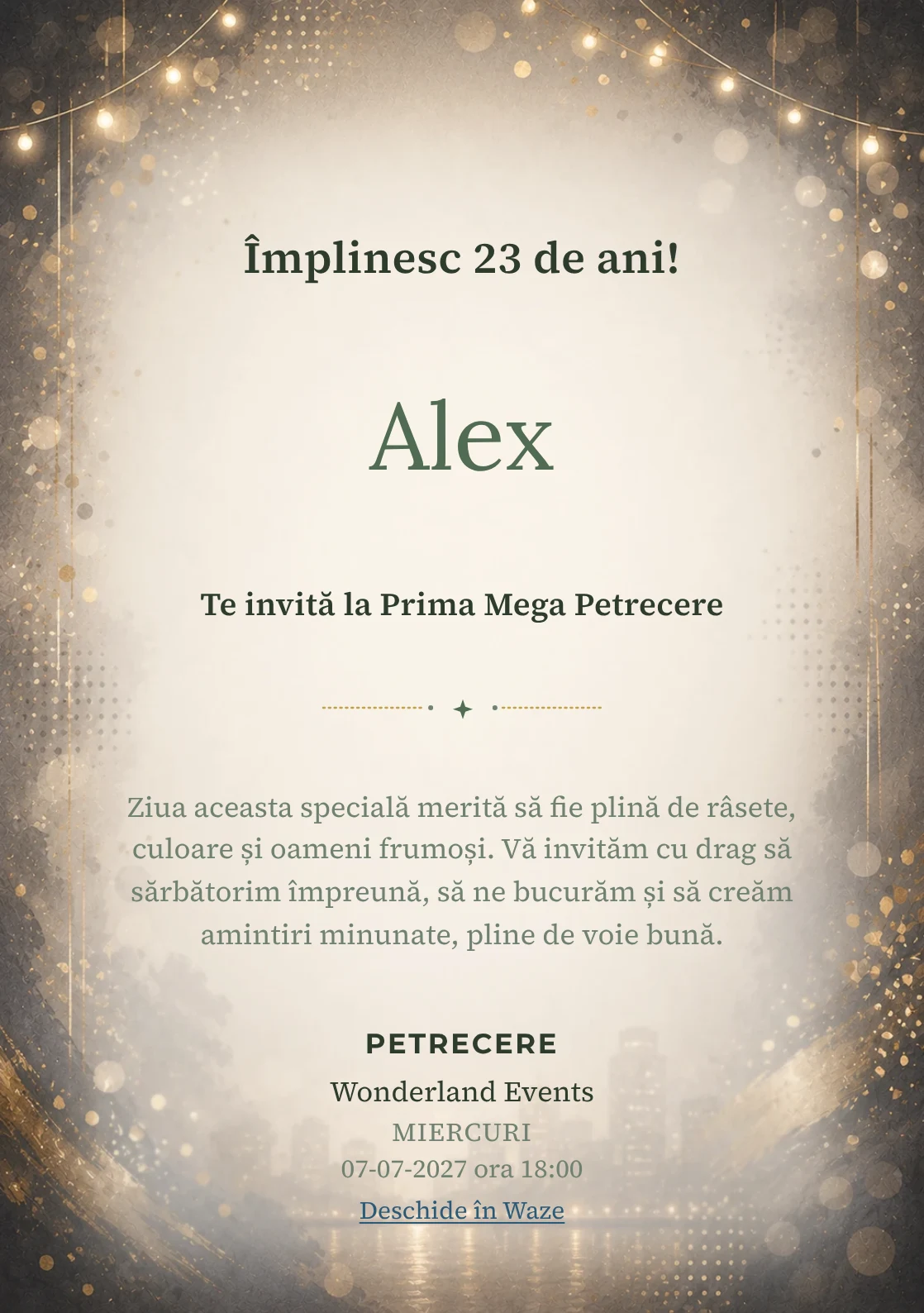 Invitație digitală aniversară Noapte Glam, fundal premium cu lumini de seară, paiete mate și aur vechi