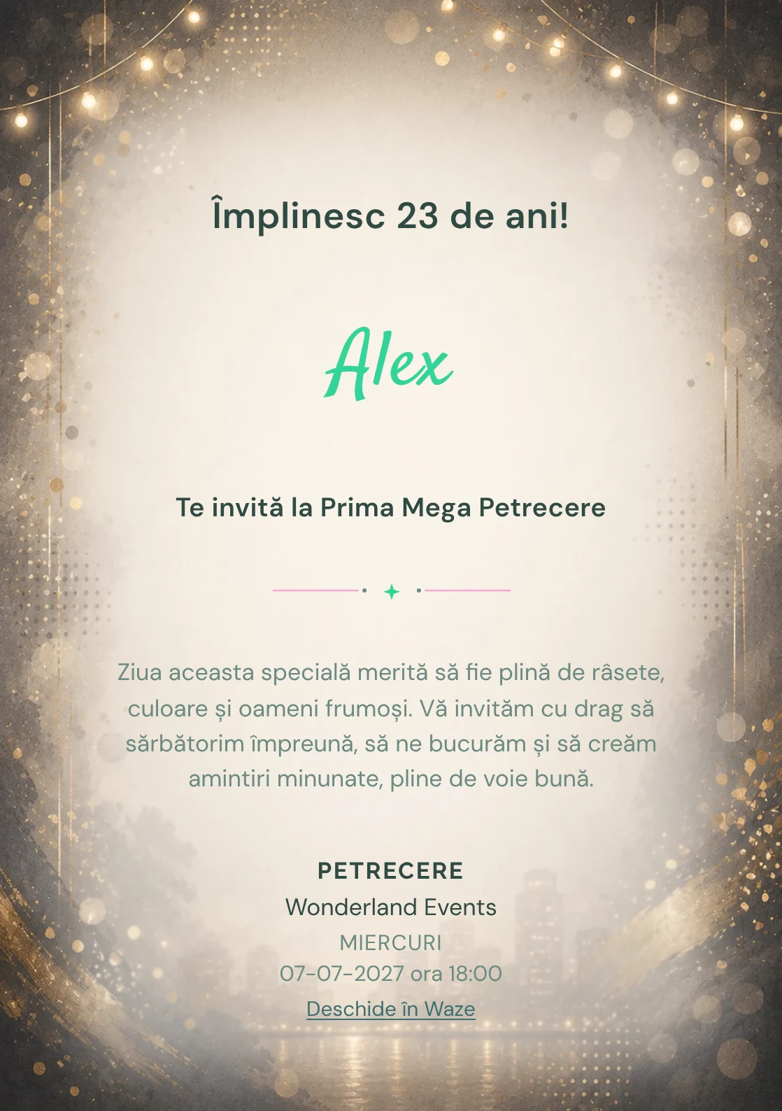 Invitație digitală aniversară Noapte Glam, fundal premium cu lumini de seară, paiete mate și aur vechi