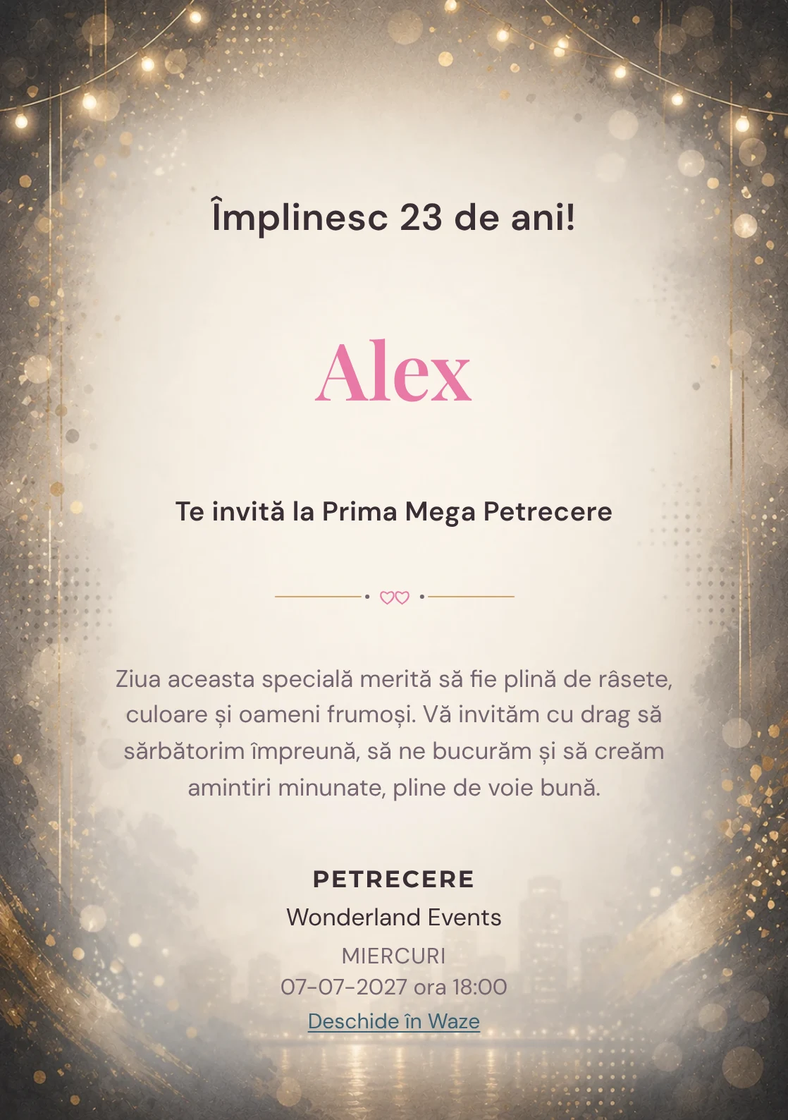 Invitație digitală aniversară Noapte Glam, fundal premium cu lumini de seară, paiete mate și aur vechi