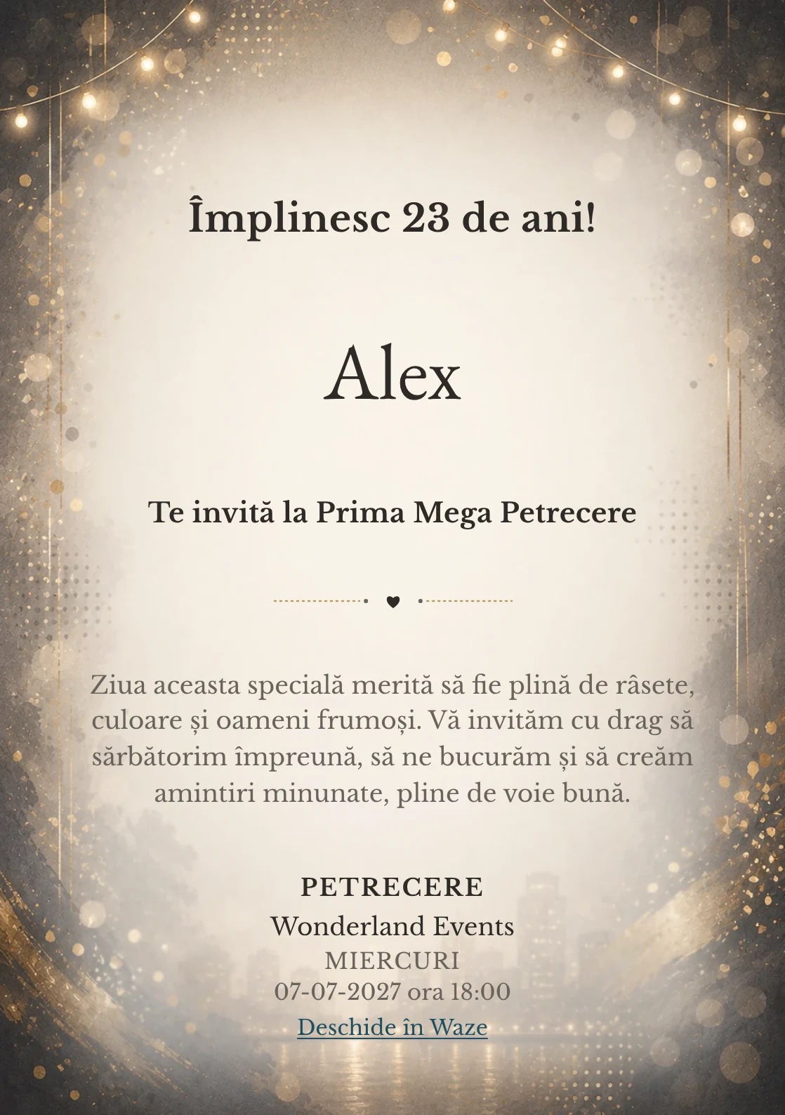 Invitație digitală aniversară Noapte Glam, fundal premium cu lumini de seară, paiete mate și aur vechi