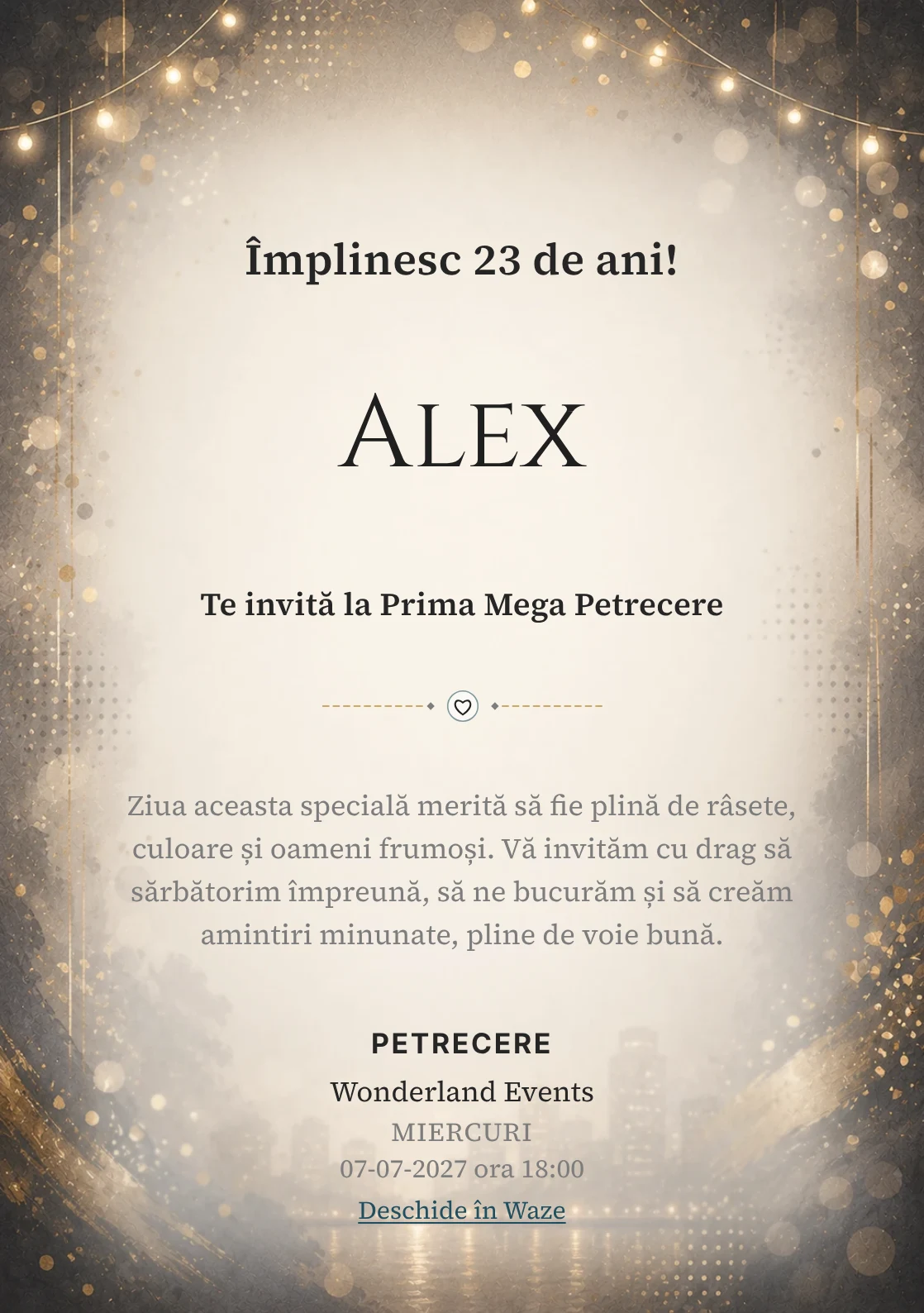 Invitație digitală aniversară Noapte Glam, fundal premium cu lumini de seară, paiete mate și aur vechi