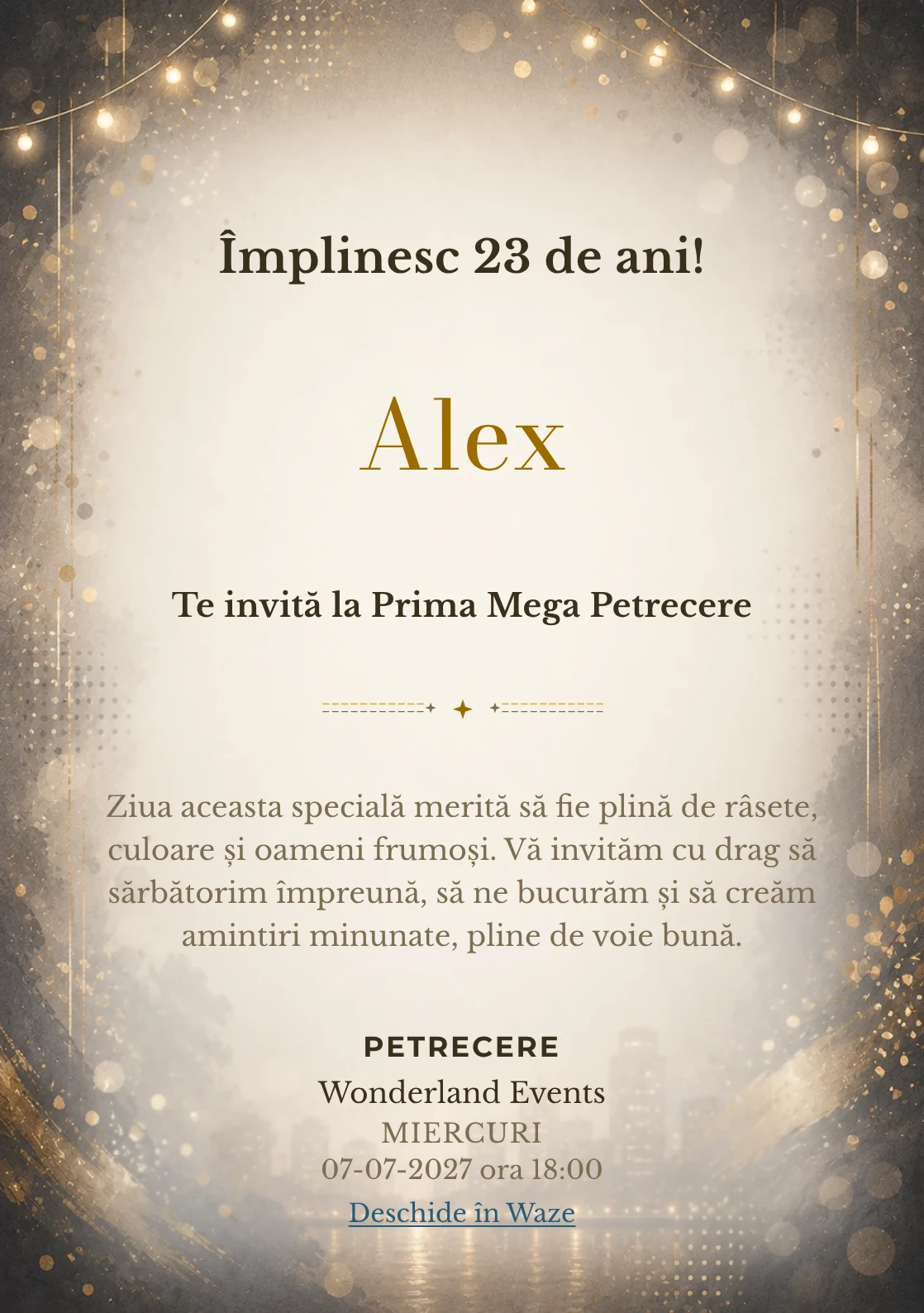 Invitație digitală aniversară Noapte Glam, fundal premium cu lumini de seară, paiete mate și aur vechi