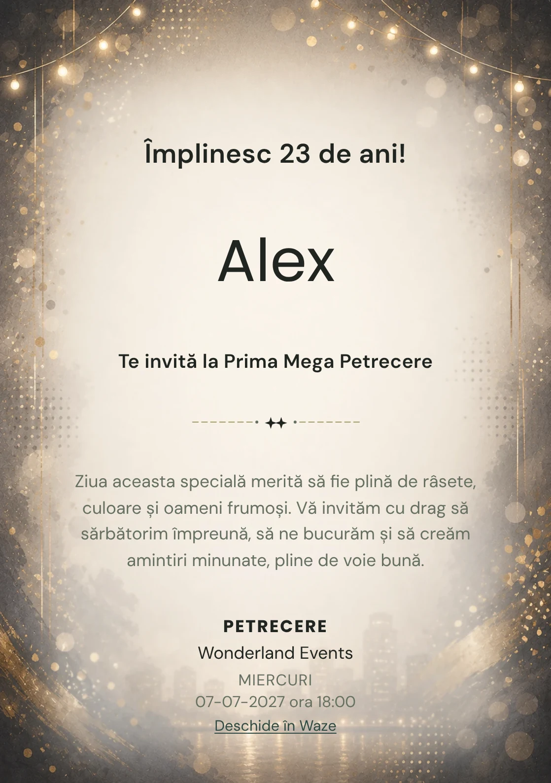 Invitație digitală aniversară Noapte Glam, fundal premium cu lumini de seară, paiete mate și aur vechi