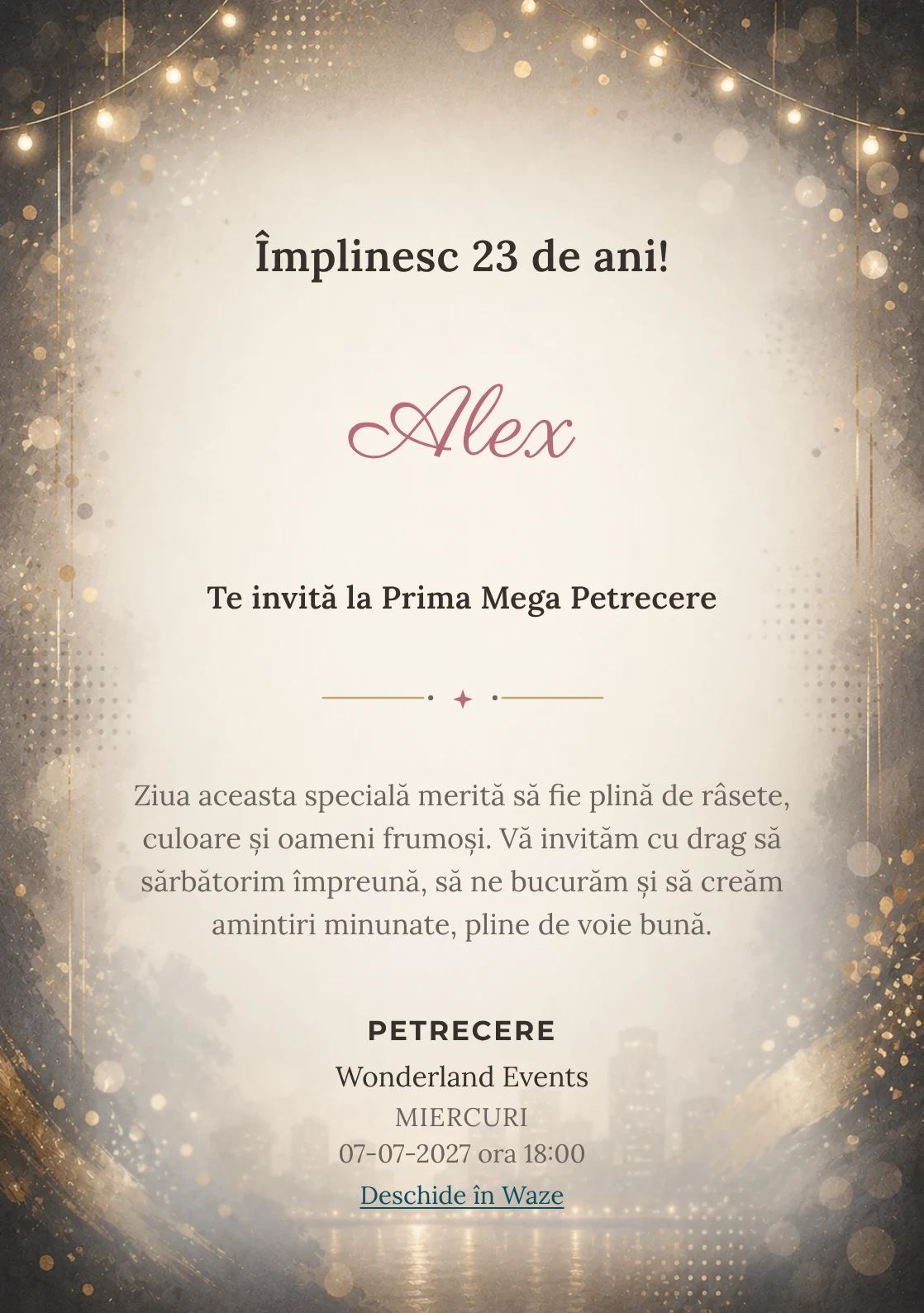 Invitație digitală aniversară Noapte Glam, fundal premium cu lumini de seară, paiete mate și aur vechi