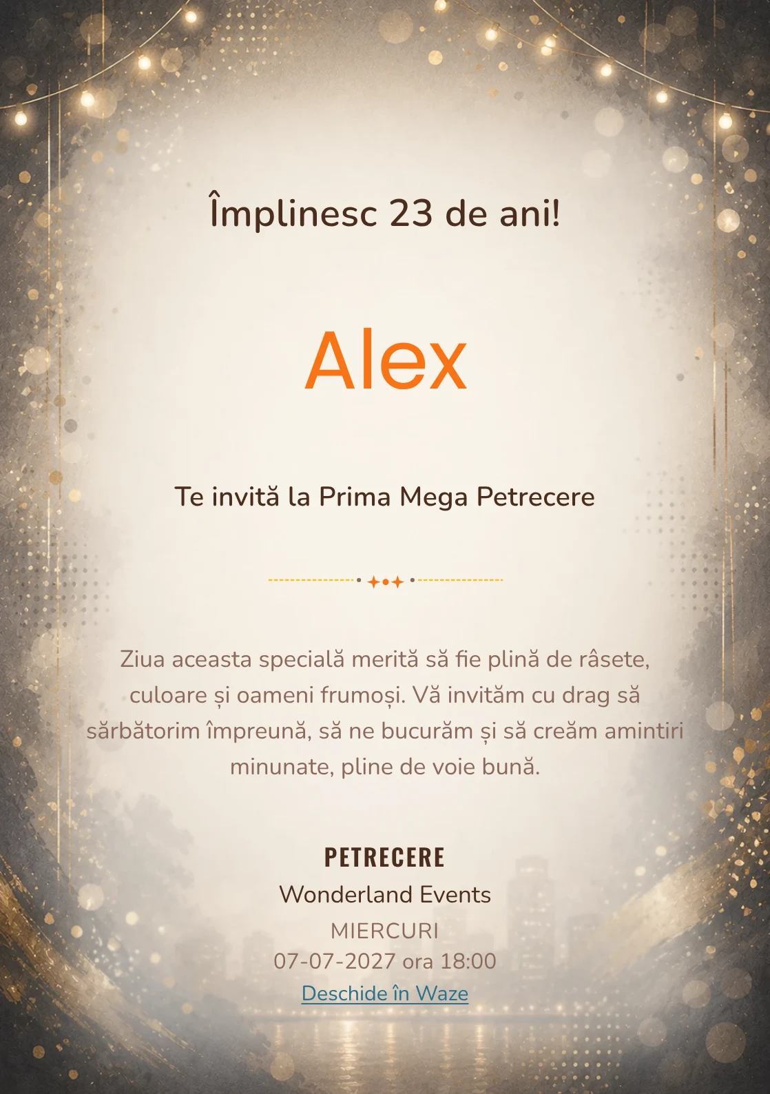 Invitație digitală aniversară Noapte Glam, fundal premium cu lumini de seară, paiete mate și aur vechi