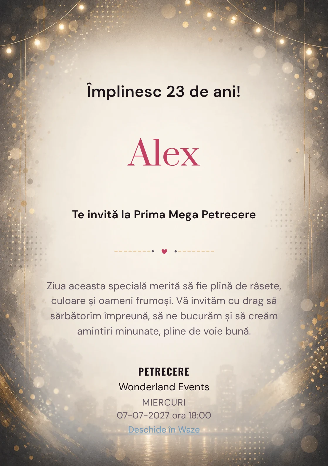 Invitație digitală aniversară Noapte Glam, fundal premium cu lumini de seară, paiete mate și aur vechi