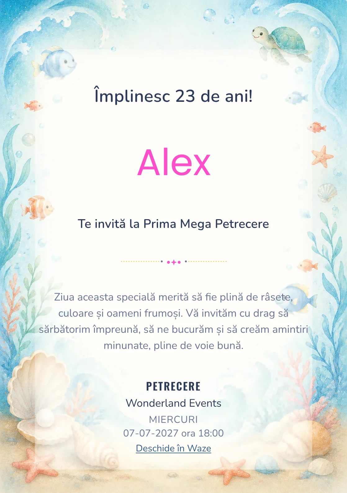 Invitație digitală de zi de naștere Ocean Junior, fundal pastel cu peștișori, valuri, scoici și coral pal