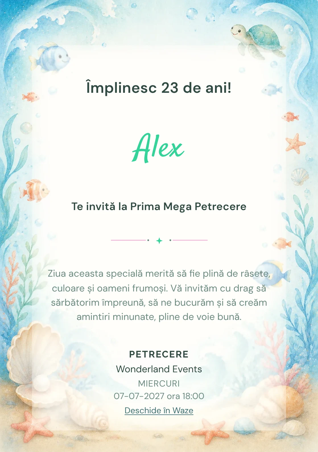 Invitație digitală de zi de naștere Ocean Junior, fundal pastel cu peștișori, valuri, scoici și coral pal