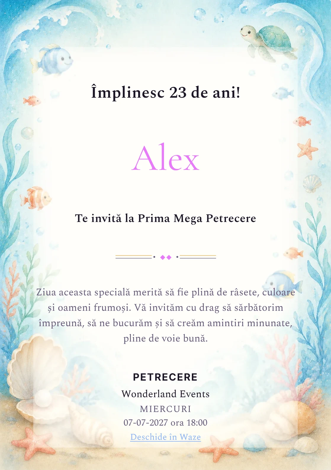 Invitație digitală de zi de naștere Ocean Junior, fundal pastel cu peștișori, valuri, scoici și coral pal