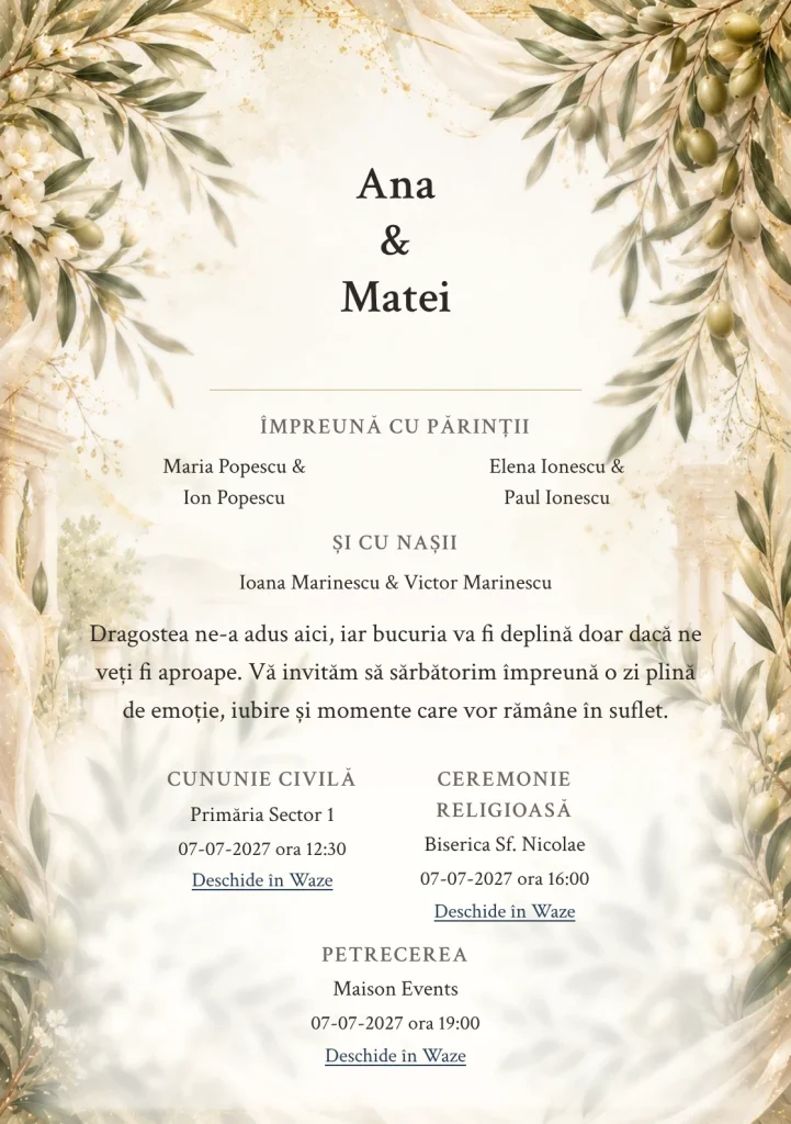 Olive Romance, pentru o invitație de nuntă, prezintă ramuri de măslin, completat vizual de nuanțe de verde măsliniu, crem și bej cald.