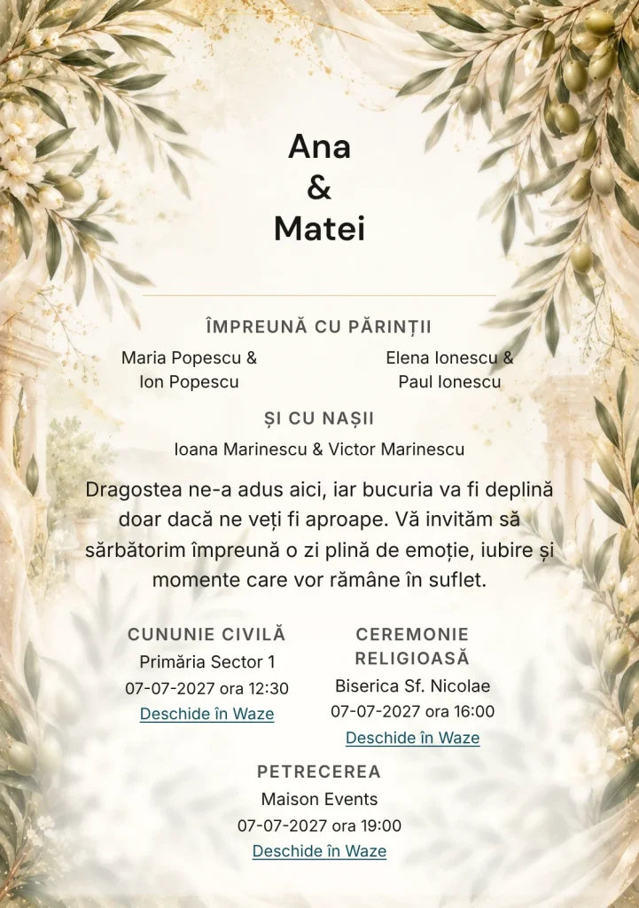 Olive Romance, pentru o invitație de nuntă, prezintă ramuri de măslin, completat vizual de nuanțe de verde măsliniu, crem și bej cald.