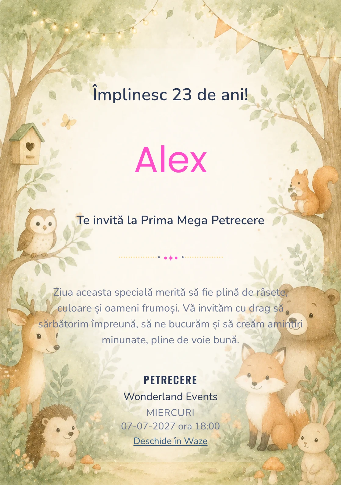 Invitație digitală de zi de naștere Pădurea Prietenilor, fundal pastel cu animale blânde, copaci moi și verde salvie