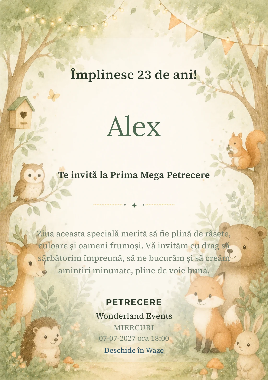 Invitație digitală de zi de naștere Pădurea Prietenilor, fundal pastel cu animale blânde, copaci moi și verde salvie