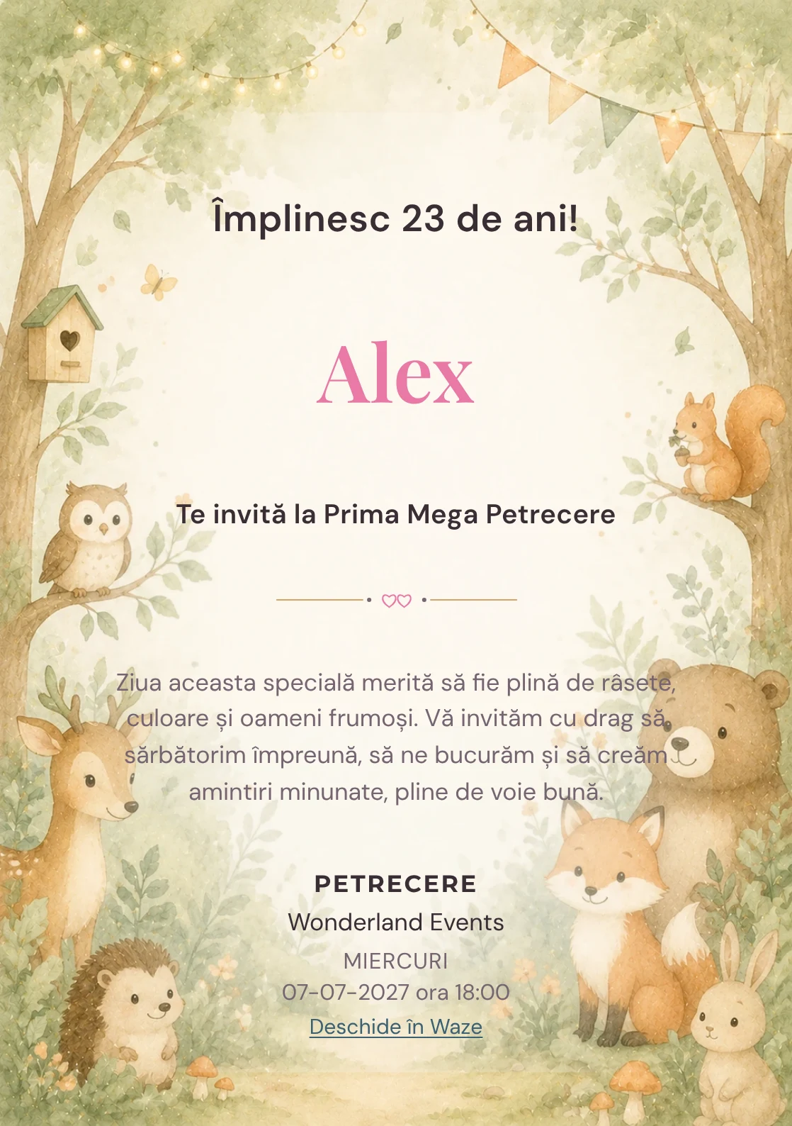 Invitație digitală de zi de naștere Pădurea Prietenilor, fundal pastel cu animale blânde, copaci moi și verde salvie