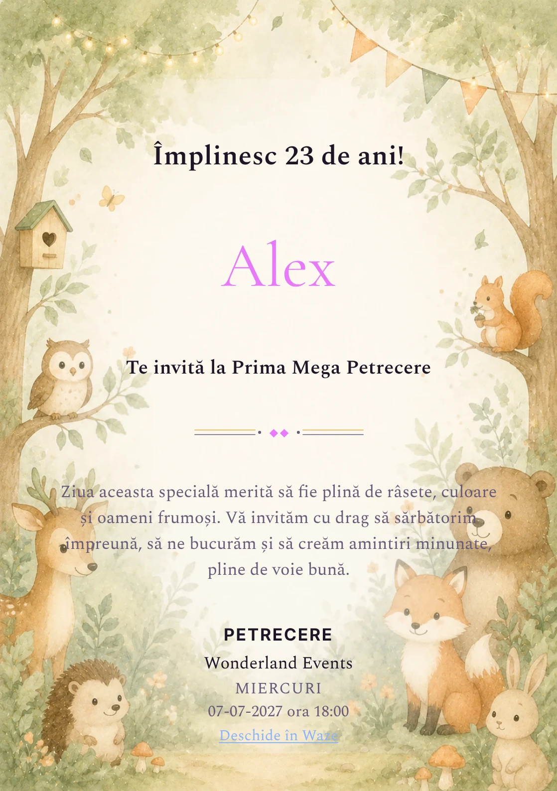 Invitație digitală de zi de naștere Pădurea Prietenilor, fundal pastel cu animale blânde, copaci moi și verde salvie