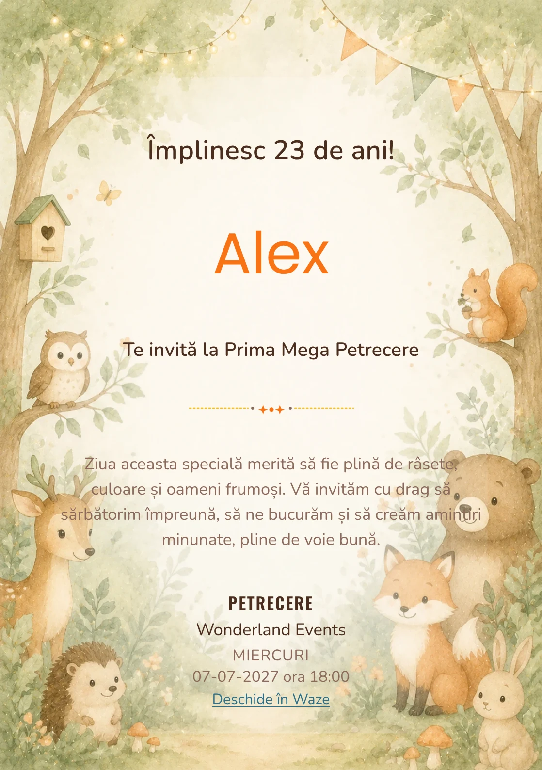 Invitație digitală de zi de naștere Pădurea Prietenilor, fundal pastel cu animale blânde, copaci moi și verde salvie