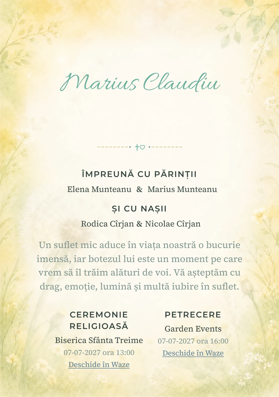 Invitație digitală de botez Păpădie de Vis, fundal cu păpădie mare de vis, semințe plutitoare rare, galben pai, verde pal și bej și centru luminos pentru text