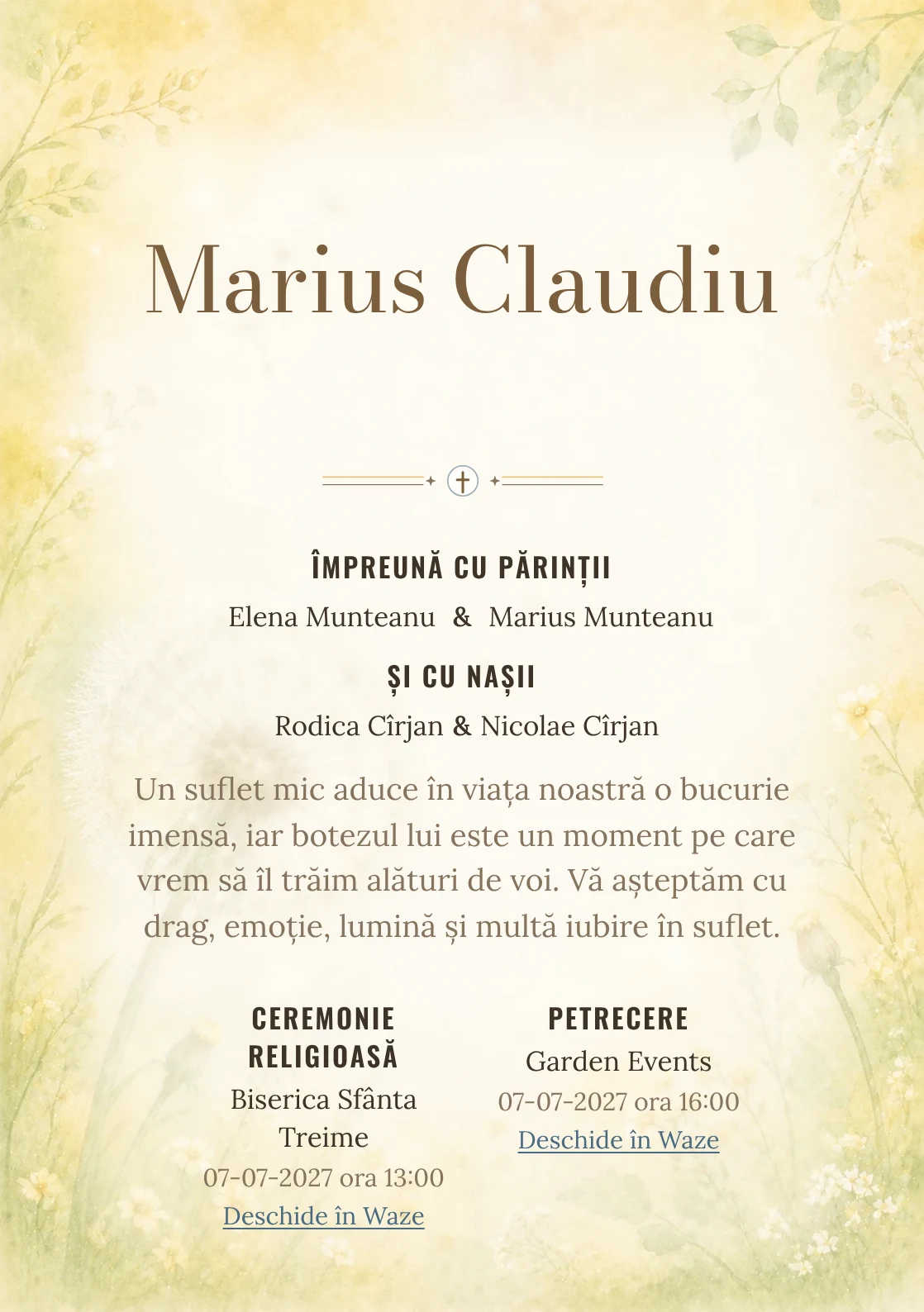 Invitație digitală de botez Păpădie de Vis, fundal cu păpădie mare de vis, semințe plutitoare rare, galben pai, verde pal și bej și centru luminos pentru text