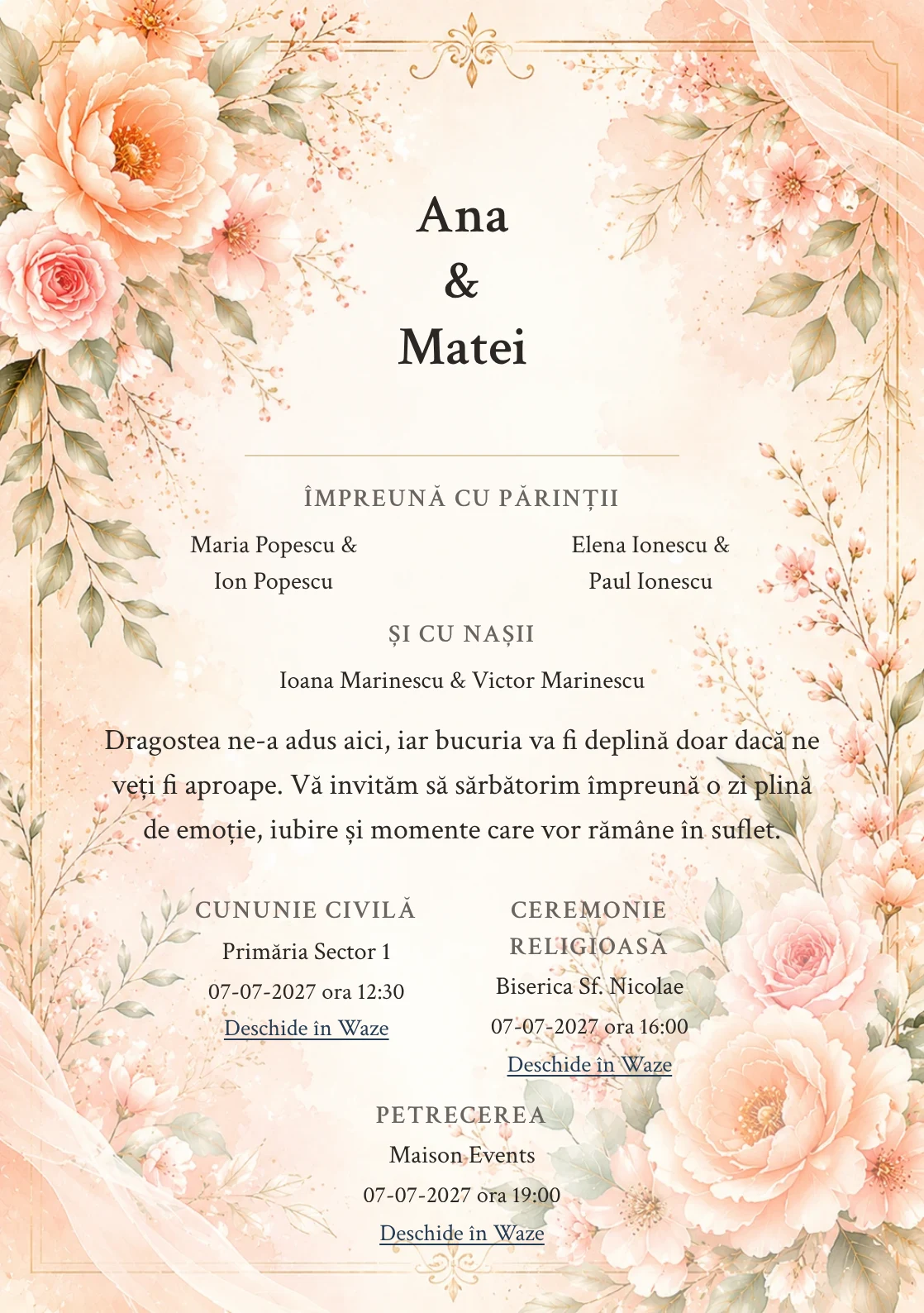 Invitație digitală de nuntă Peach Blossom, fundal peach blossom, potrivit pentru pachetele Basic și Premium