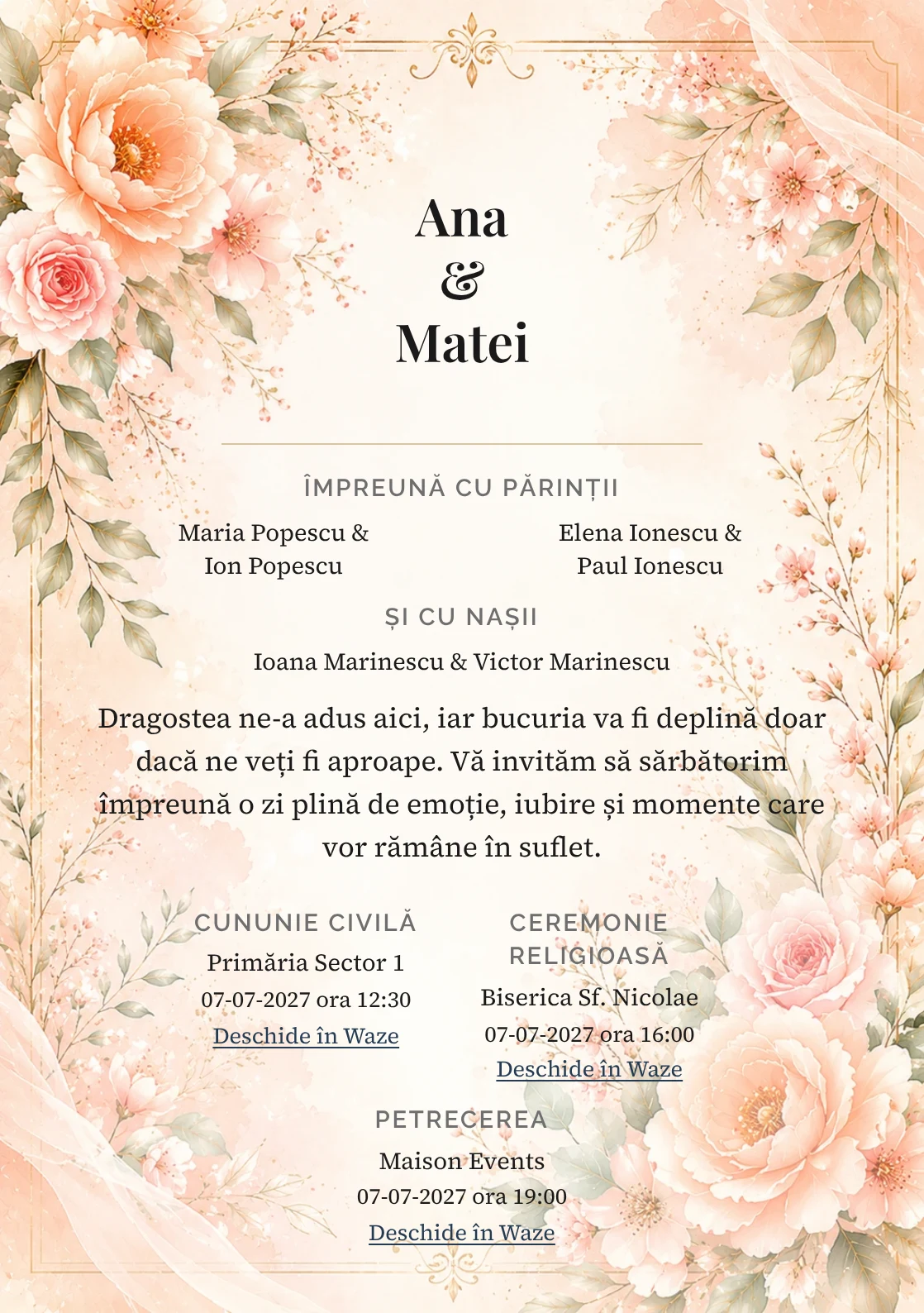 Invitație digitală de nuntă Peach Blossom, fundal peach blossom, potrivit pentru pachetele Basic și Premium