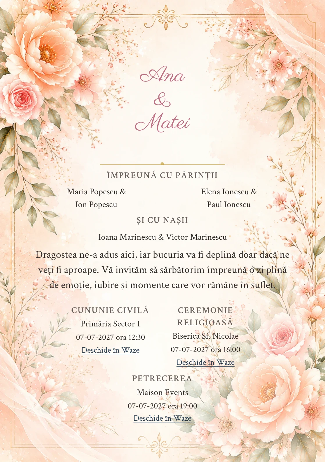 Invitație digitală de nuntă Peach Blossom, fundal peach blossom, potrivit pentru pachetele Basic și Premium
