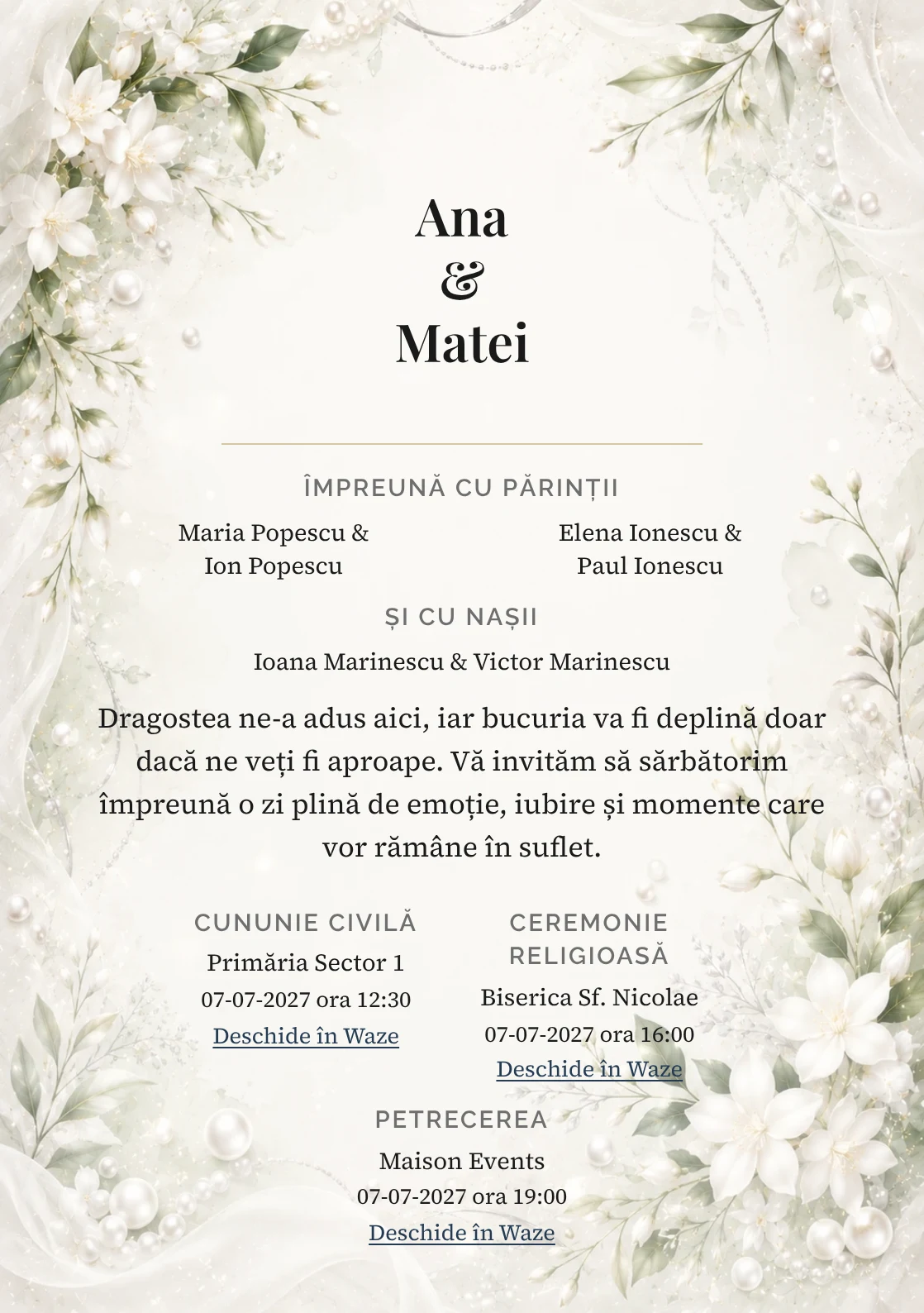 Invitație digitală de nuntă Perle de Iasomie, fundal cu iasomie și perle, potrivit pentru pachetele Basic și Premium