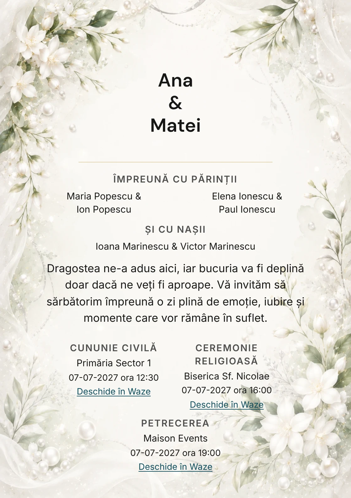 Invitație digitală de nuntă Perle de Iasomie, fundal cu iasomie și perle, potrivit pentru pachetele Basic și Premium