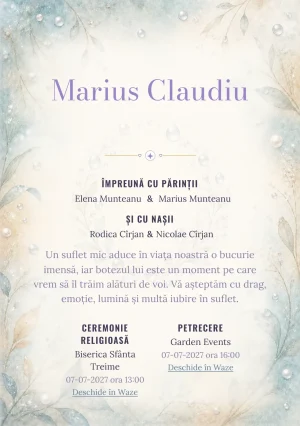 Invitație digitală de botez Perle de Rouă, fundal cu perle de rouă, bleu acvatic pal, argintiu perlat, nisipiu și ivory și centru luminos pentru text