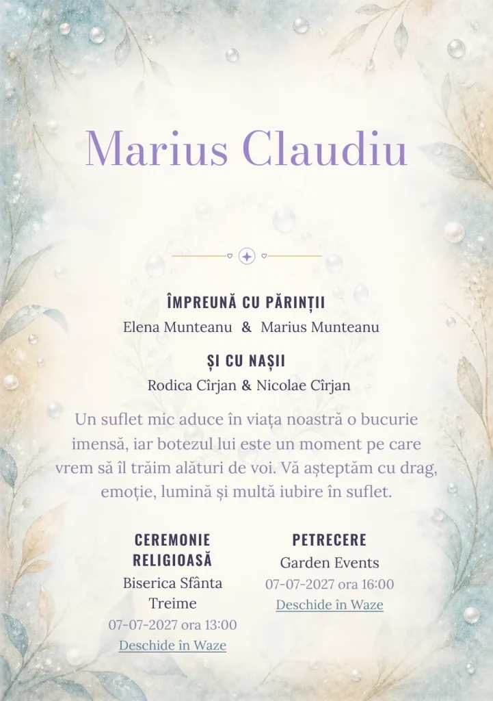 Perle de Rouă, design din gama de invitații botez, prezintă perle de rouă, alături de bleu acvatic pal și argintiu perlat.