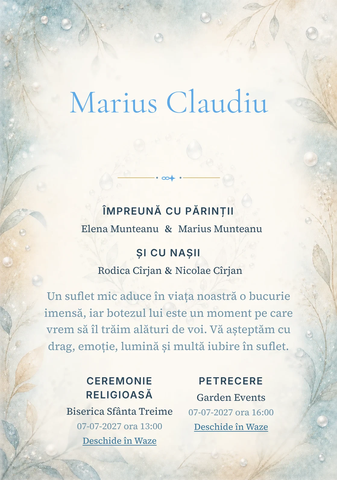 Invitație digitală de botez Perle de Rouă, fundal cu perle de rouă, bleu acvatic pal, argintiu perlat, nisipiu și ivory și centru luminos pentru text