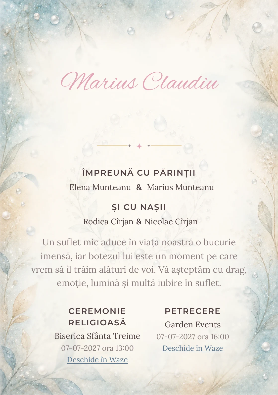 Invitație digitală de botez Perle de Rouă, fundal cu perle de rouă, bleu acvatic pal, argintiu perlat, nisipiu și ivory și centru luminos pentru text