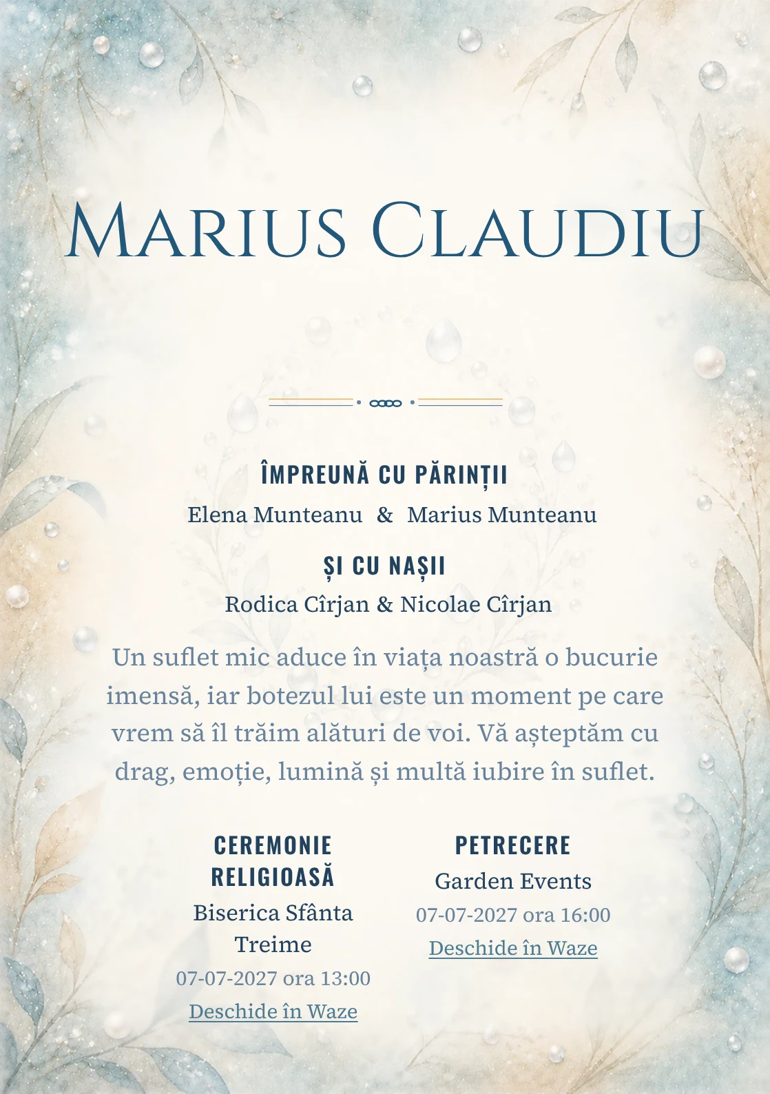 Invitație digitală de botez Perle de Rouă, fundal cu perle de rouă, bleu acvatic pal, argintiu perlat, nisipiu și ivory și centru luminos pentru text