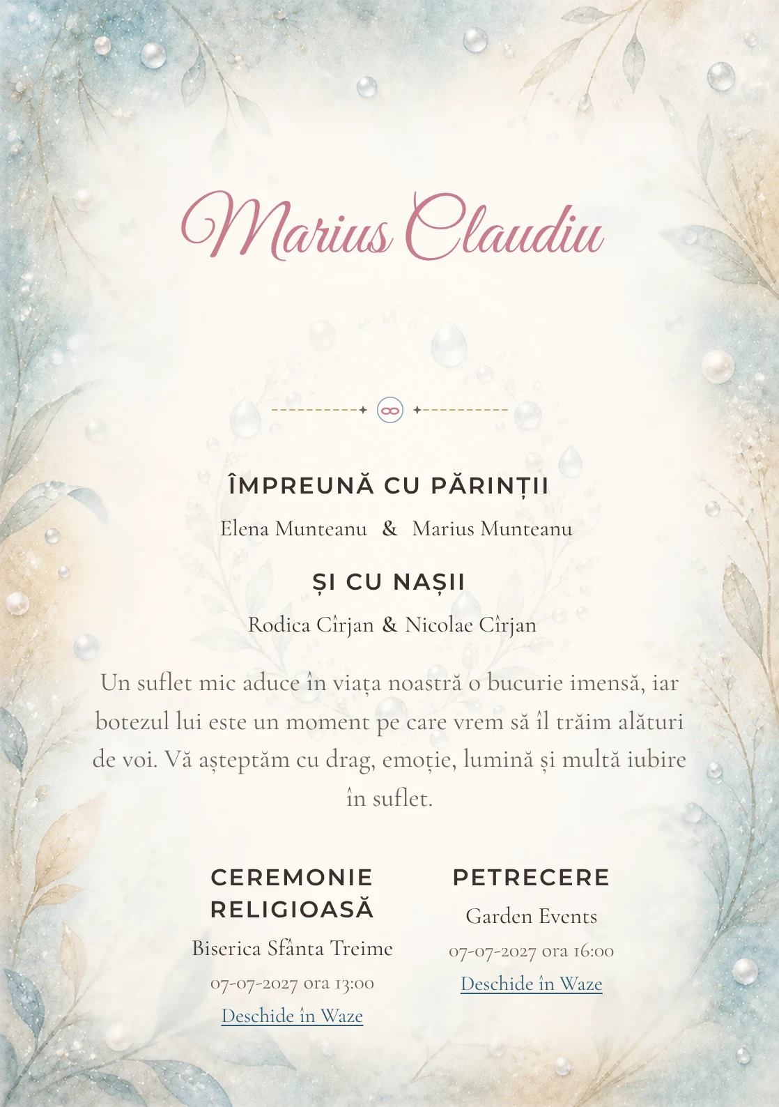 Invitație digitală de botez Perle de Rouă, fundal cu perle de rouă, bleu acvatic pal, argintiu perlat, nisipiu și ivory și centru luminos pentru text